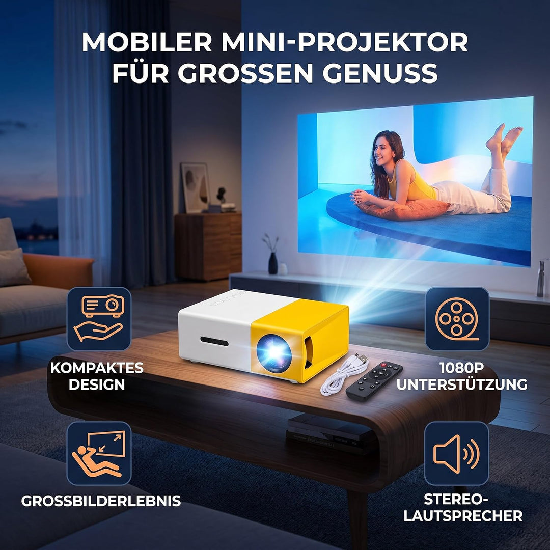 Ejoyous Beamer Klein, 1080P 100ANSI 1000LM Helligkeit Projektor Tragbarer für Heimkino Schlafzimmer