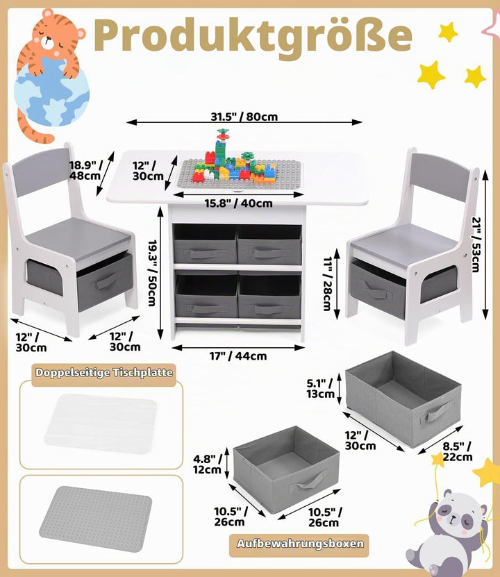 Relquorax Kindertisch und 2 Stühle Set 2-in-1 Kunststoffbausteine Kompatibel Aktivität, mit 6 Aufbew