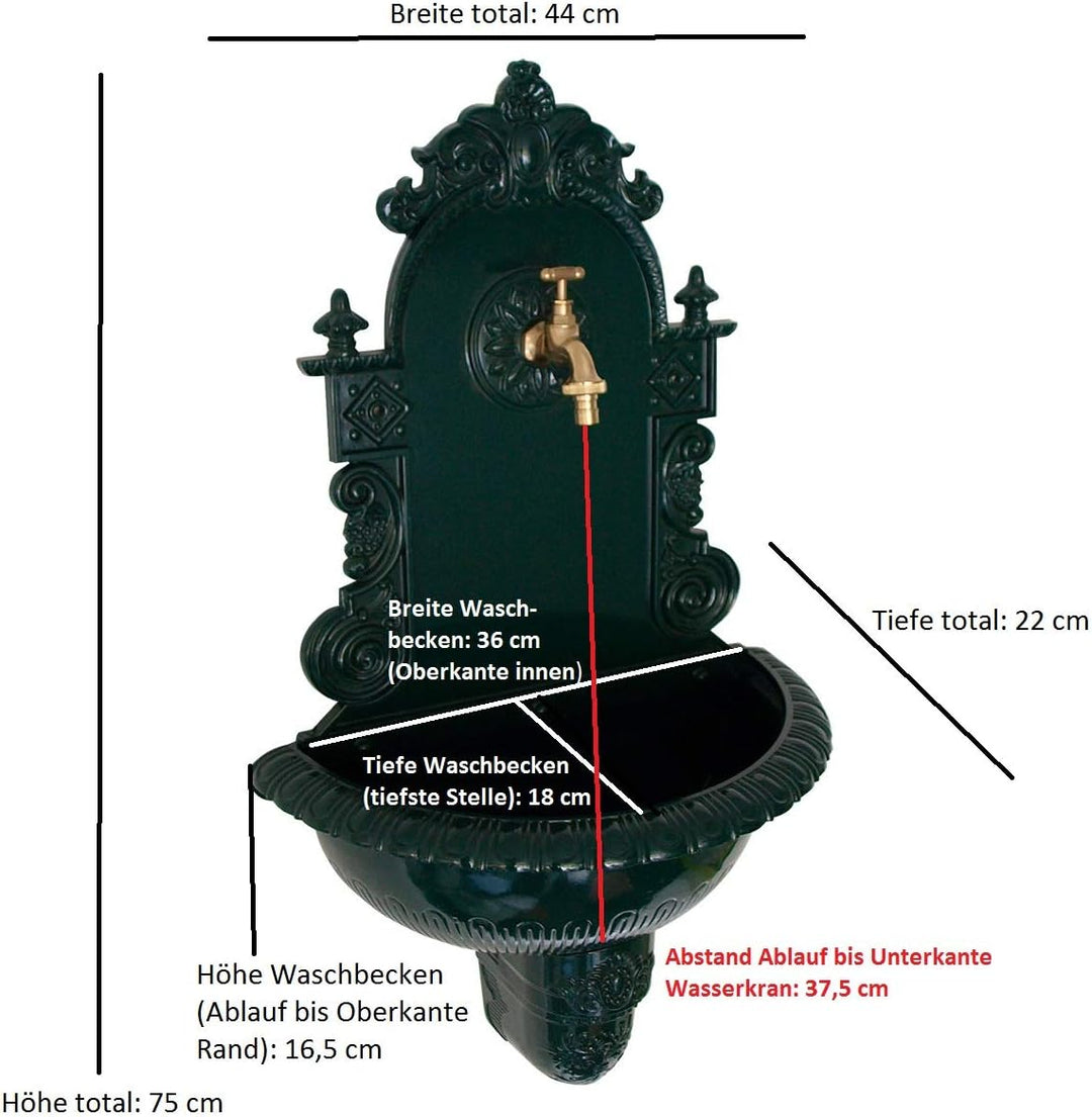 DEGAMO Wandbrunnen Tirol im Nostalgie - Antik-Look aus rostfreiem Aluguss, dunkelgrün, 75cm. Voll fu