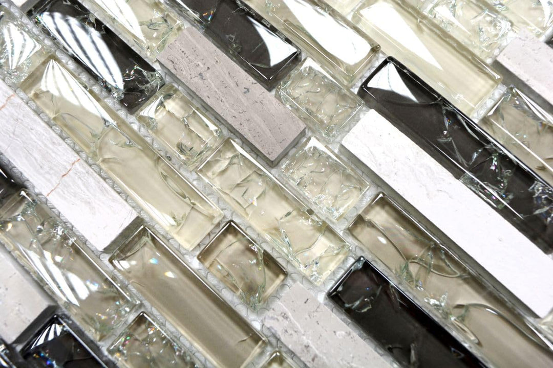 Glasmosaik Verbund Crystal/Stein mix graugrün Transluzent Transparent 3D, Mosaikstein Format: 15x23/
