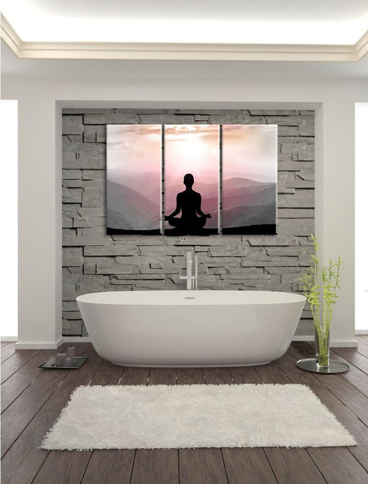 Pixxprint Meditierender Mensch in den Bergen als Leinwandbild/Grösse: 3 Teilig (120x80) cm/Wandbild/