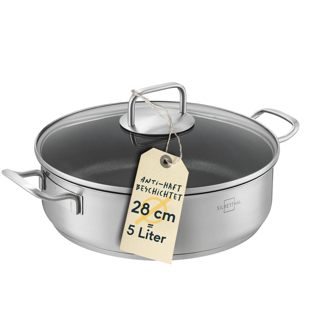 SILBERTHAL Servierpfanne 28 cm hoher Rand - Induktion - Edelstahl - Beschichtete Schmorpfanne mit De