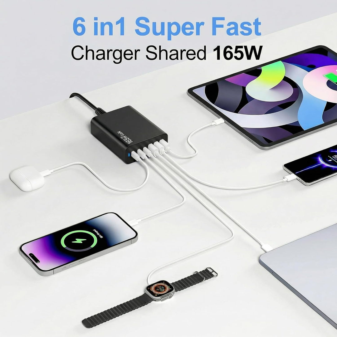 6 Ports Ladestation Schnellladegerät, 165W USB C Schnelllade Netzteil, PD Power GaN Ladegerät kompat