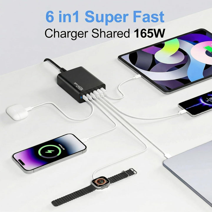 6 Ports Ladestation Schnellladegerät, 165W USB C Schnelllade Netzteil, PD Power GaN Ladegerät kompat