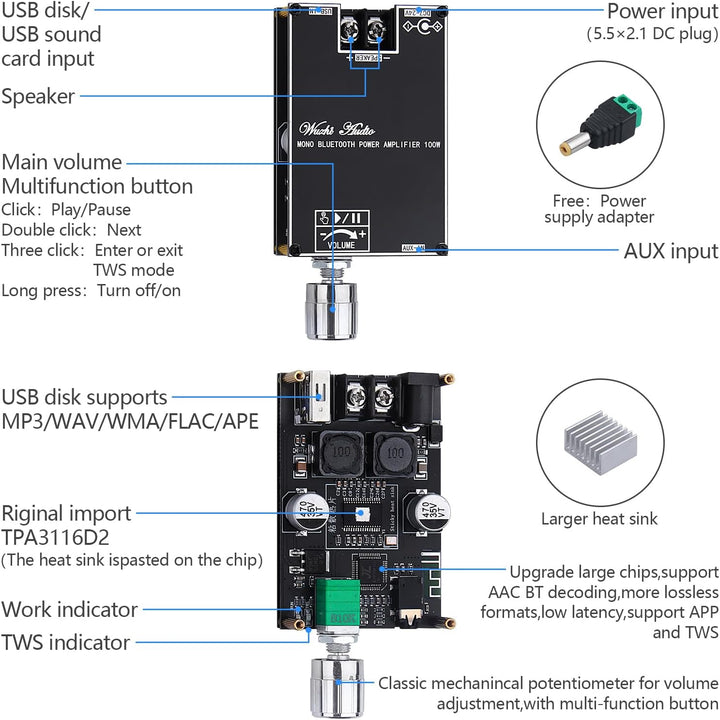 HiFi-Verstärker mit Bluetooth 5.1, ZK-1001B Audioverstärker Karte 100W Mini TWS Mono Audio-Verstärke