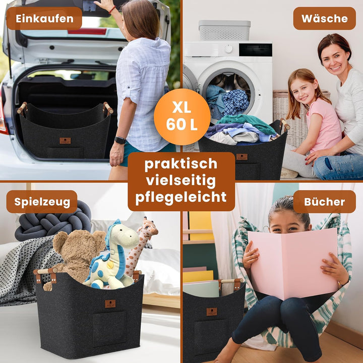 BLACK OAK Montana XL 60L Filzkorb &amp; Holzkorb für Kaminholz - Leder Applikation + rutschfeste Griffe
