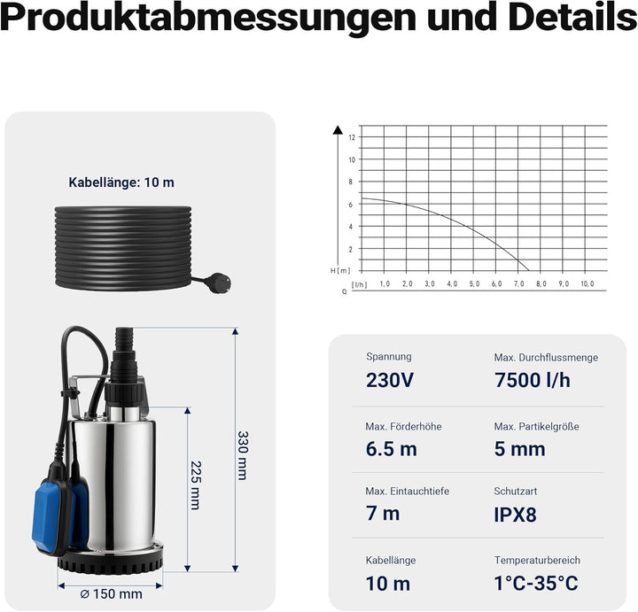 XPOtool Tauchpumpe bis 7500l/h, max. Förderhöhe 6,5m, Schmutzwasserpumpe 400W, Fremdkörper bis 5mm