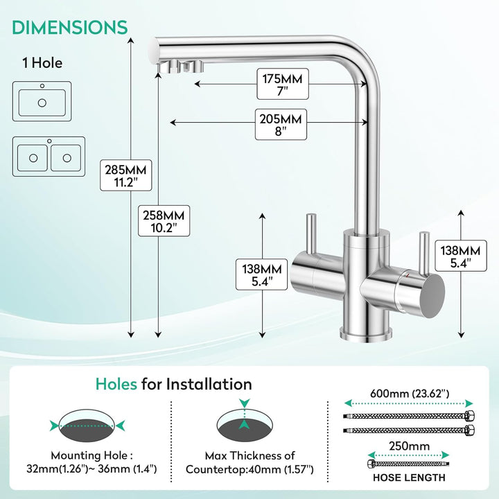 CREA 4 Wege Wasserhahn Küche, Küchenarmatur mit Sodawasser, 360° Drehbar Vier Wege Mischbatterie Küc