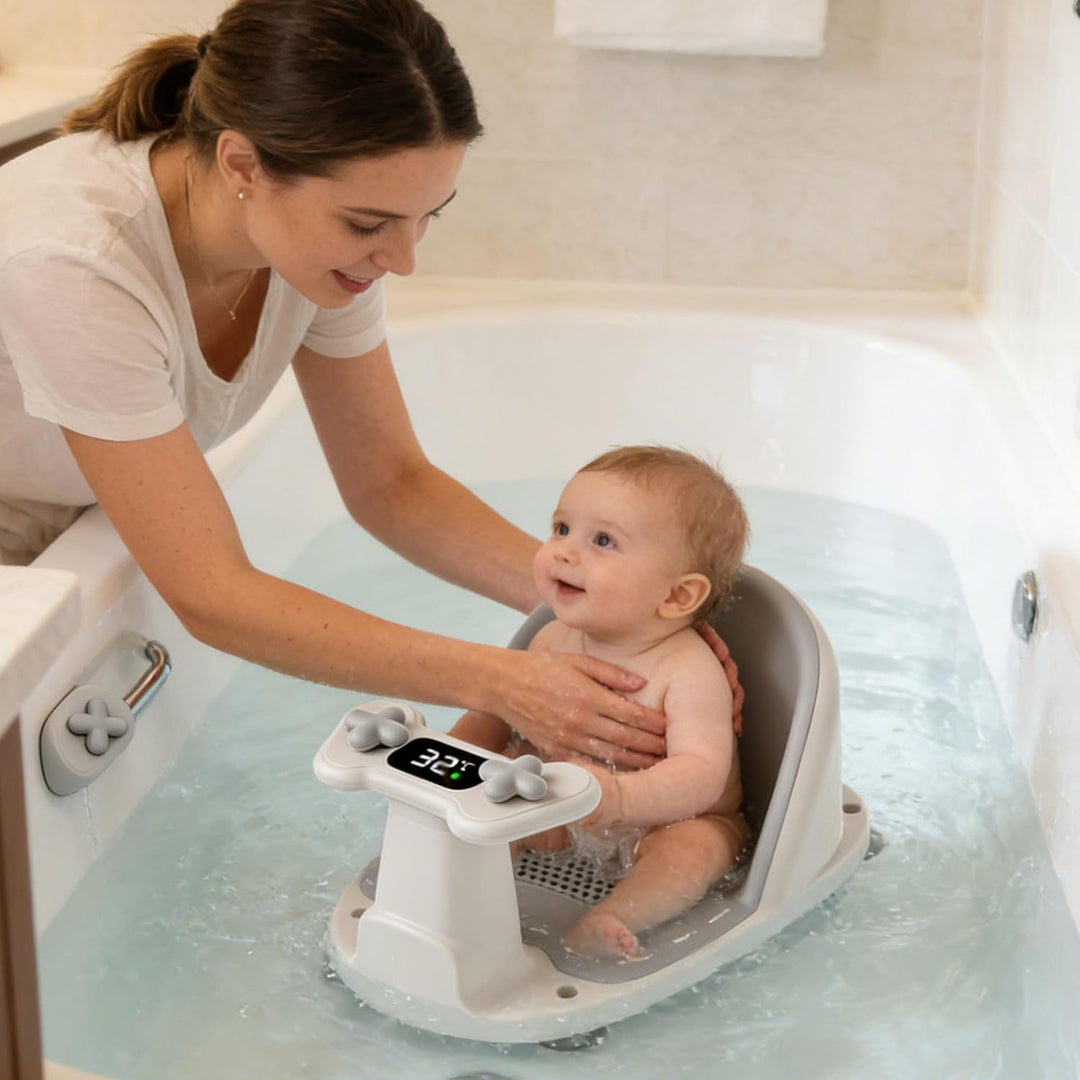 Baby Badesitz mit Temperatursensor Rutschfester Kleinkindbadesitz für Baby Sitting Up mit 4 Saugnäpf