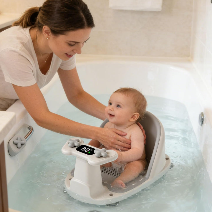 Baby Badesitz mit Temperatursensor Rutschfester Kleinkindbadesitz für Baby Sitting Up mit 4 Saugnäpf
