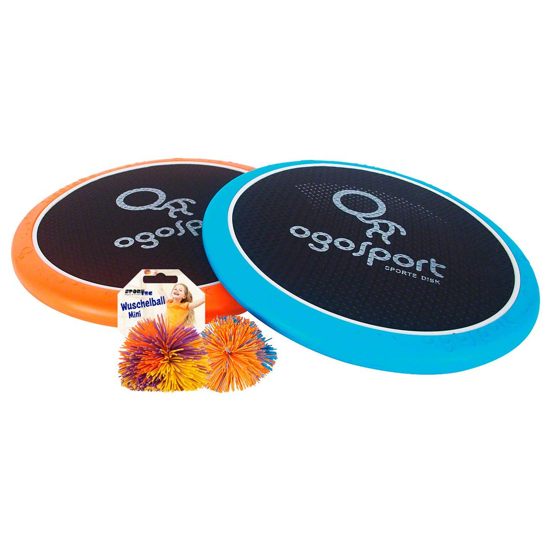 Sport-Tec 2 OgoSport Softdiscs (Ø30cm) mit elastischer Netzbespannung, 1 Ogo Ball Ball, 1 Busch Wusc