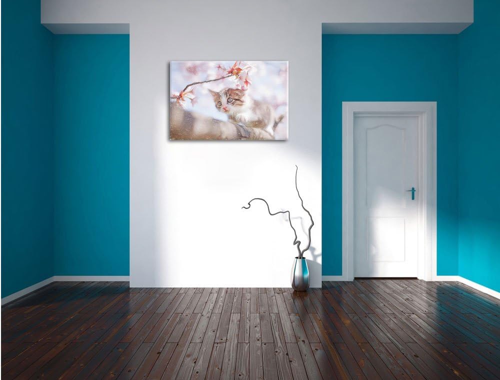 Pixxprint Süsses Kätzchen im Kirschbaum Kunst Buntstift Effekt, Format: 100x70 auf Leinwand, XXL rie
