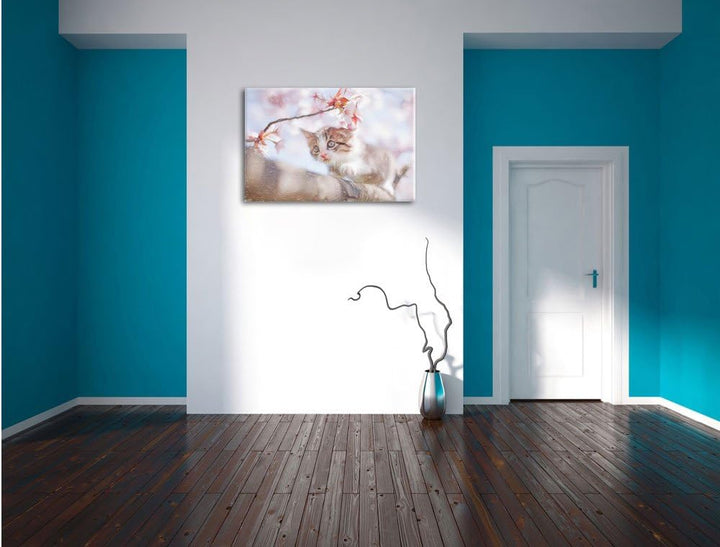 Pixxprint Süsses Kätzchen im Kirschbaum Kunst Buntstift Effekt, Format: 100x70 auf Leinwand, XXL rie