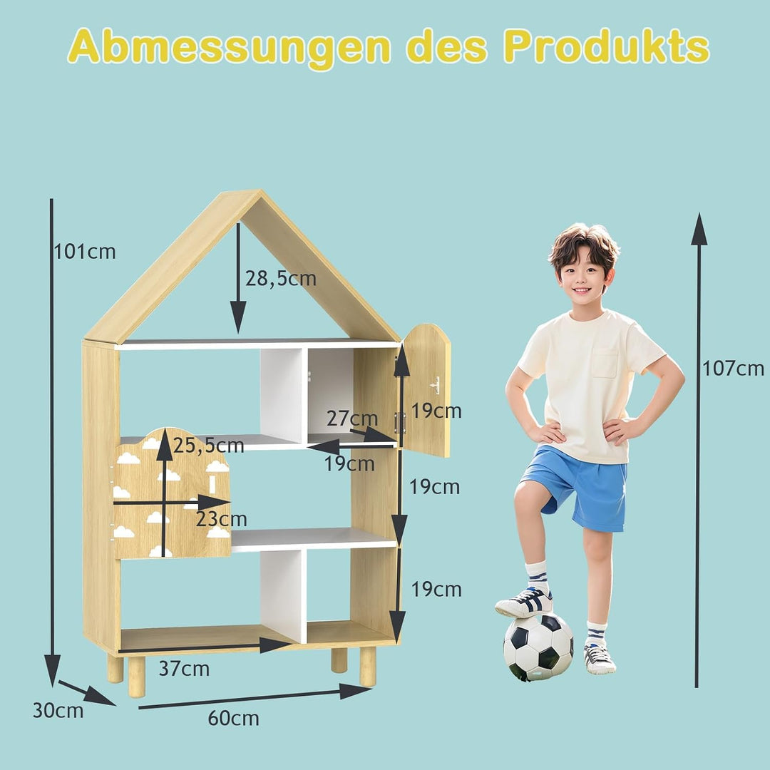 COSTWAY Kinderregal in Hausform, Bücherregal Kinder mit 2 Türen &amp; massiven Holzbeine, 4 Ebenen Spiel
