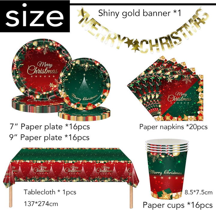Weihnachtspapier Partygeschirr Set,70 Stück Rot Grün Weihnachtskranz Pappteller Becher, Servietten T