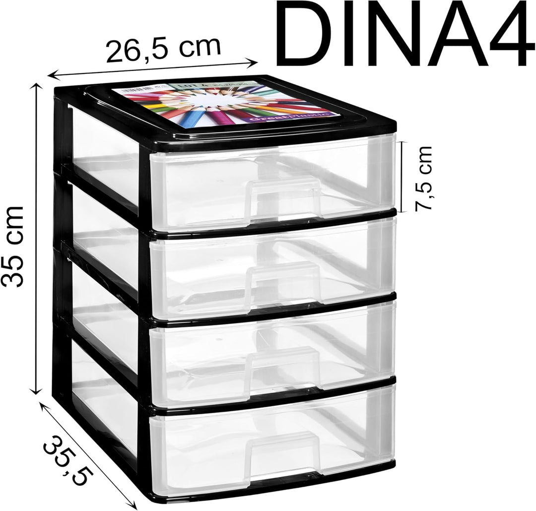 Hummelladen Schubladenbox DIN A4 mit 4 Schubladen 35,5x26,5x35 cm - Weiss-transparent Kunststoff Dra