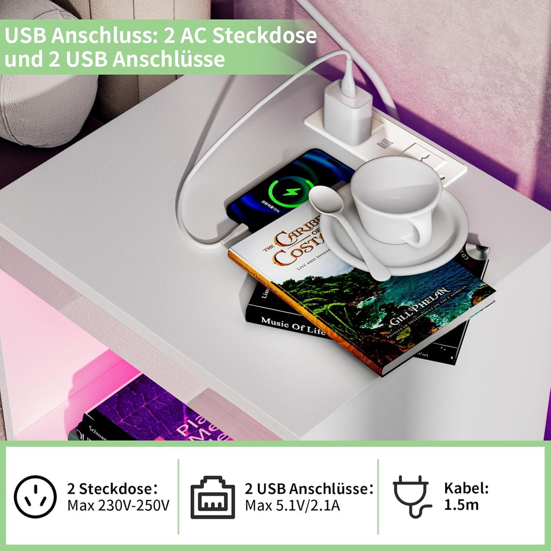 PIPIPOXER 2er Set Nachttisch mit Steckdose & USB, Nachttische mit 2 Schubladen Nachschrank für Wohnz