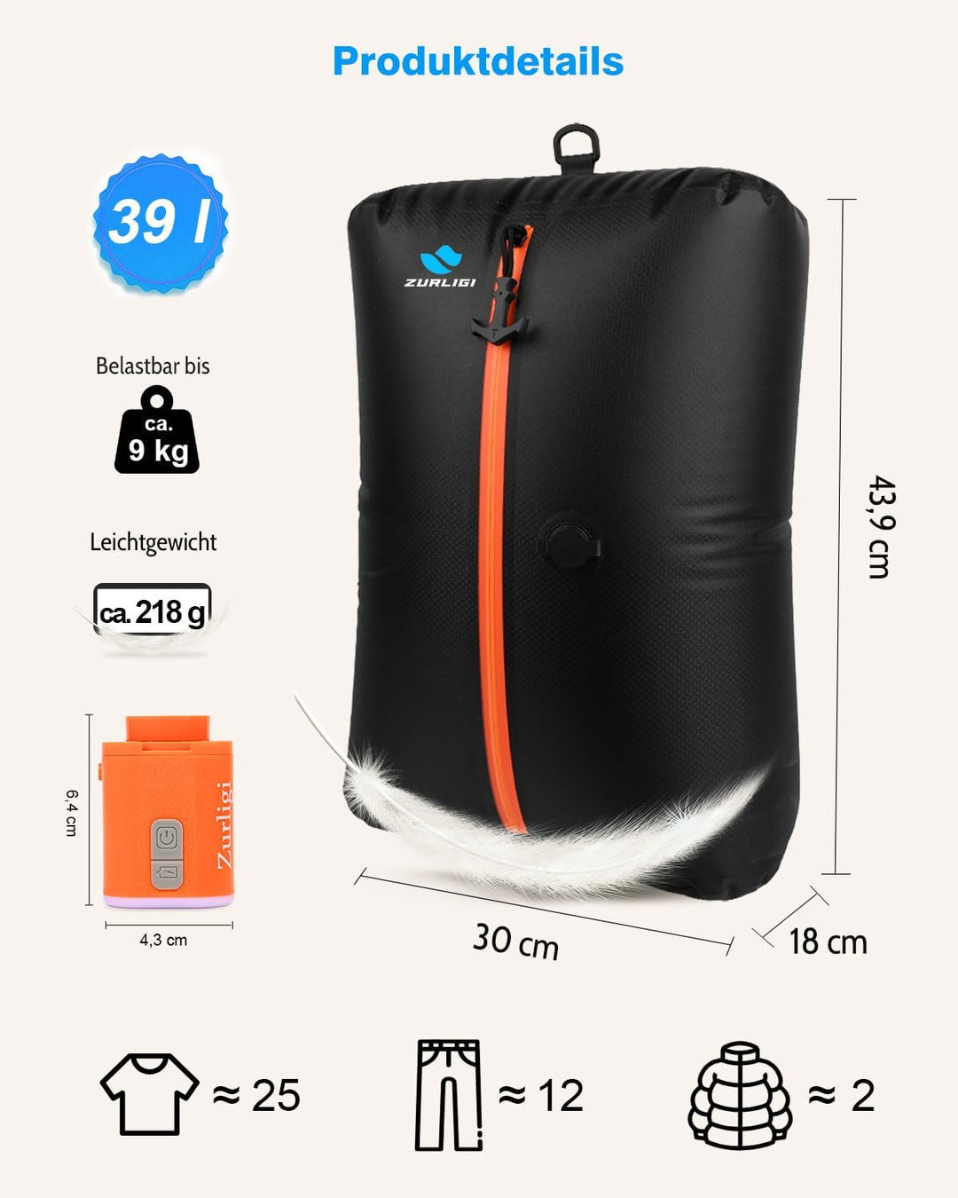 Zurligi 39L Vakuumbeutel-Reiseset mit Pumpe, Nylon, Griff, Schwarz, 2 Stück | Wiederverwendbare, was