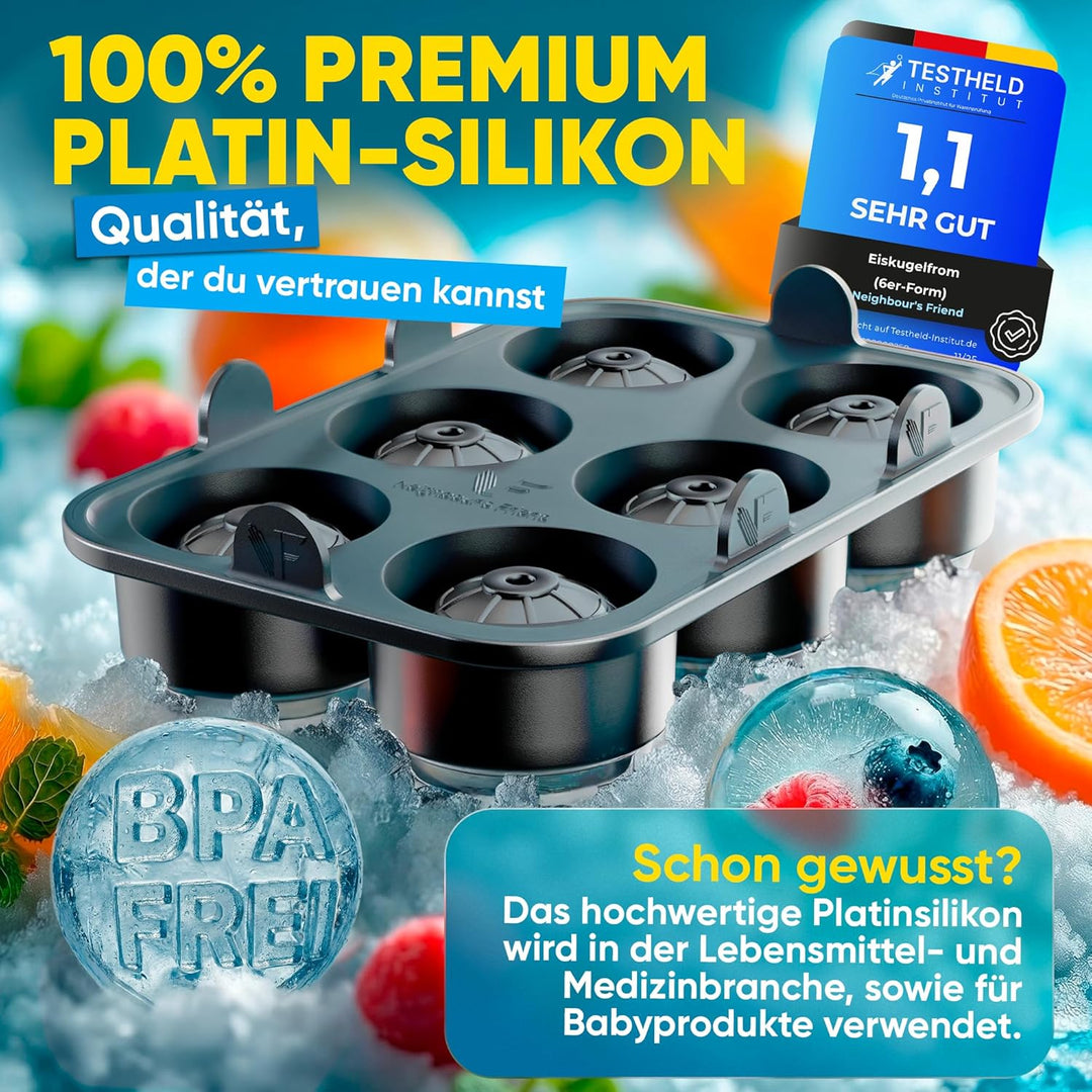 Neighbour's Friend Patentierte Eiskugelform 2er Pack Platinum - Grosse Eiswürfelform rund Platinsili