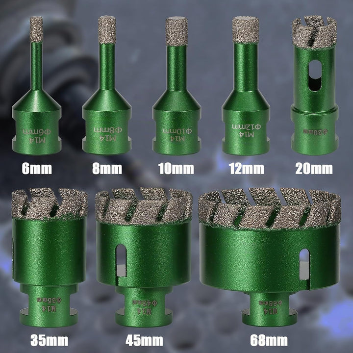8 Stück 6-68mm Trocken Fliesenbohrer Set, M14 Gewindeanschluss Vakuumgelötete Lochsäge Diamantbohrer
