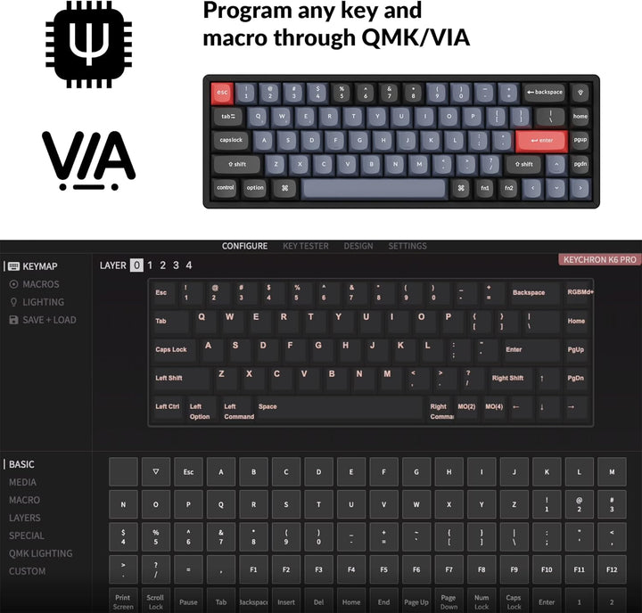 Keychron K6 Pro Wireless Custom Mechanical Keyboard, QMK programmierbares Makro, Hot-Swap-fähiger Ke