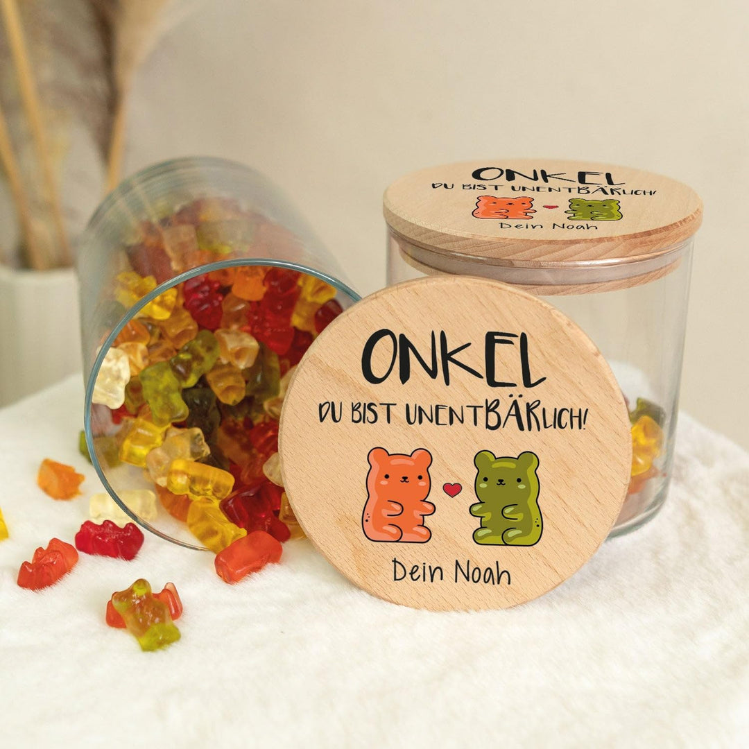 GRAVURZEILE Vorratsglas mit bedrucktem Holzdeckel - UnentBÄRlich Onkel - Personalisiert mit Name - K