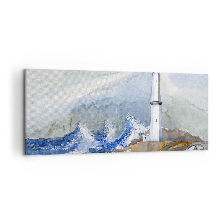 Wandbilder Dekoration Wohnzimmer Leuchtturm Wasser Illustration Welle Bilder auf Leinwand 120x50cm L