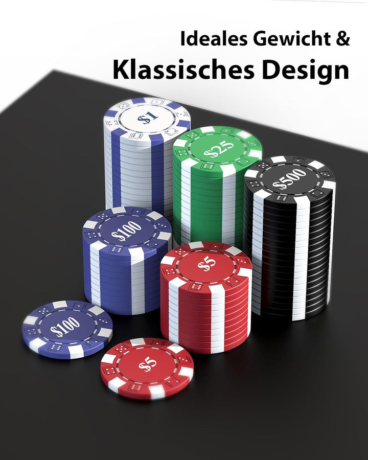 Pokerchips Set 600 Stück mit Zahlen, Aluminiumkoffer, 11,5g Eisenkern Chips, 2 Spielkarten, 5 Wertst