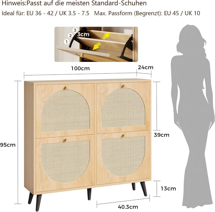 IRONCK Schuhschrank Rattan, schmal Schuhkipper mit 4 Klappen, freistehende Schuhregal, Schuhkommode