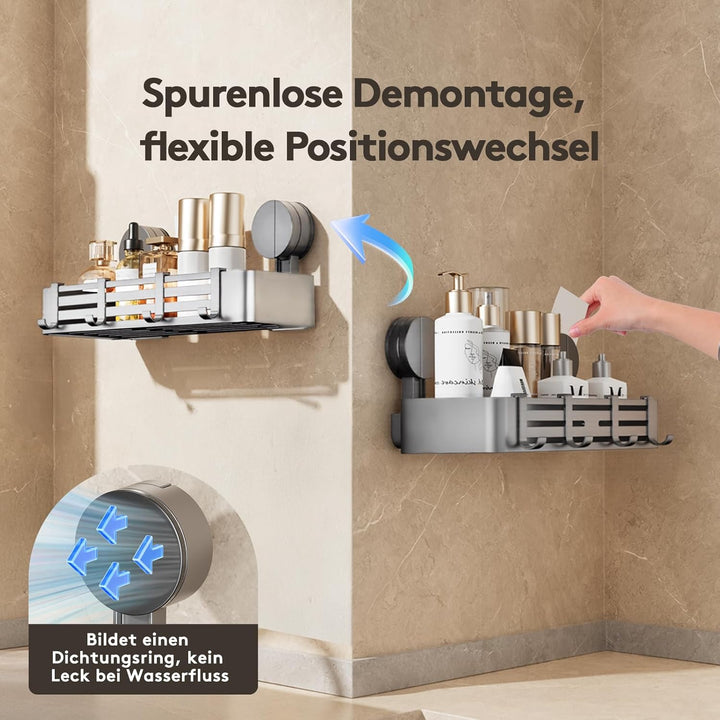 Saugnapf-Duschablage ohne Bohren | 4 Haken, 32 cm Länge, 10 kg Tragfähigkeit, 1-Minuten-Installation