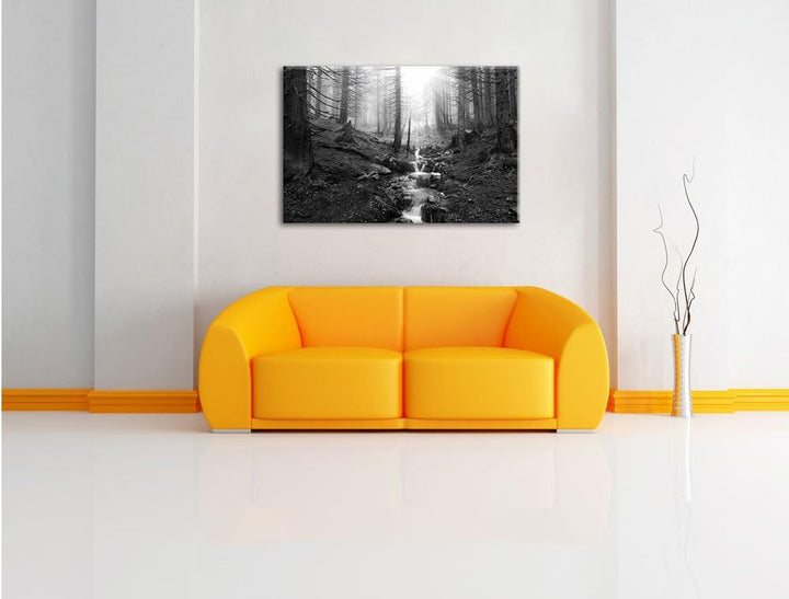 Bach im Wald Kunst B&W, Format: 100x70 auf Leinwand, XXL riesige Bilder fertig gerahmt mit Keilrahme