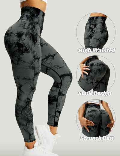 ZAAYO Damen Gym Leggings Sport Booty Scrunch Butt High Waist Seamless Yoga Hosen # A Tie Dye Schwarz