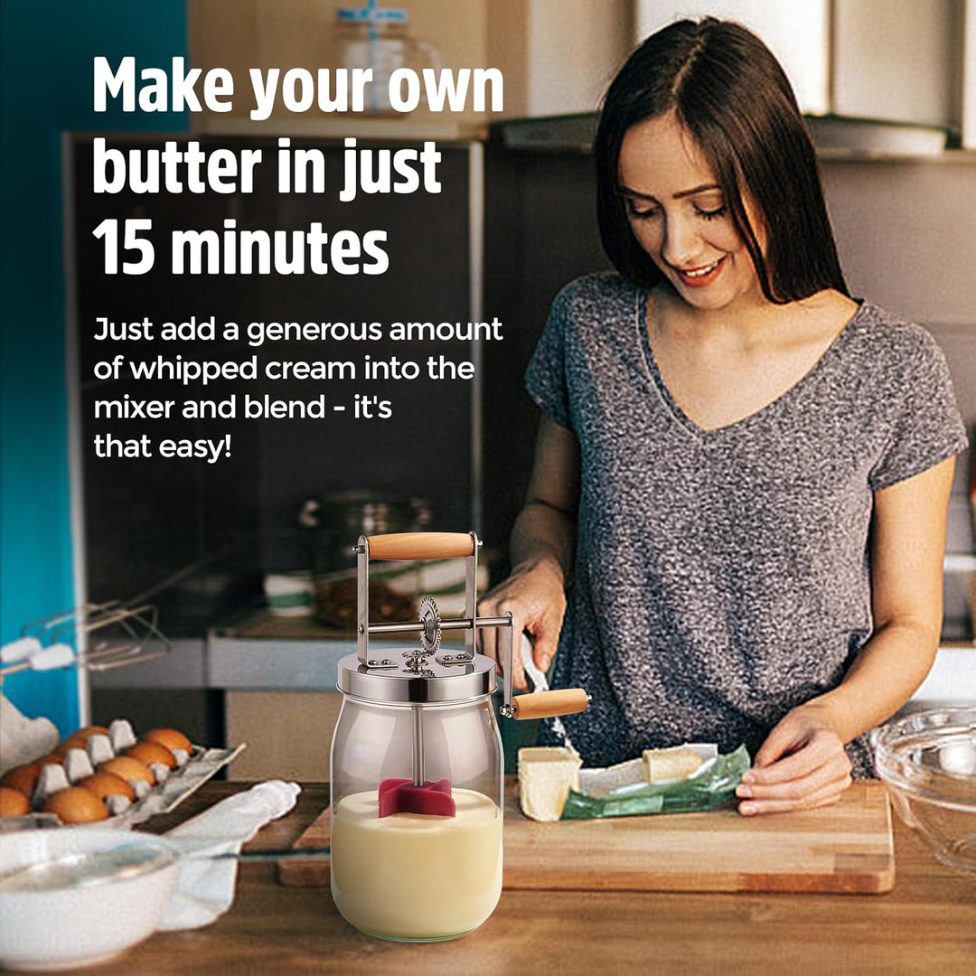 Butterfass Glas mit Handkurbel, 1,5L Butterfass Zum Butter Machen Mit Holzgriff Edelstahlgetriebe Ma
