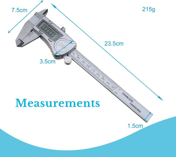 INTIRILIFE Digitaler Messschieber in Silber – 150mm / 6 Zoll IPX54 wasserdichte Edelstahl Schieblehr