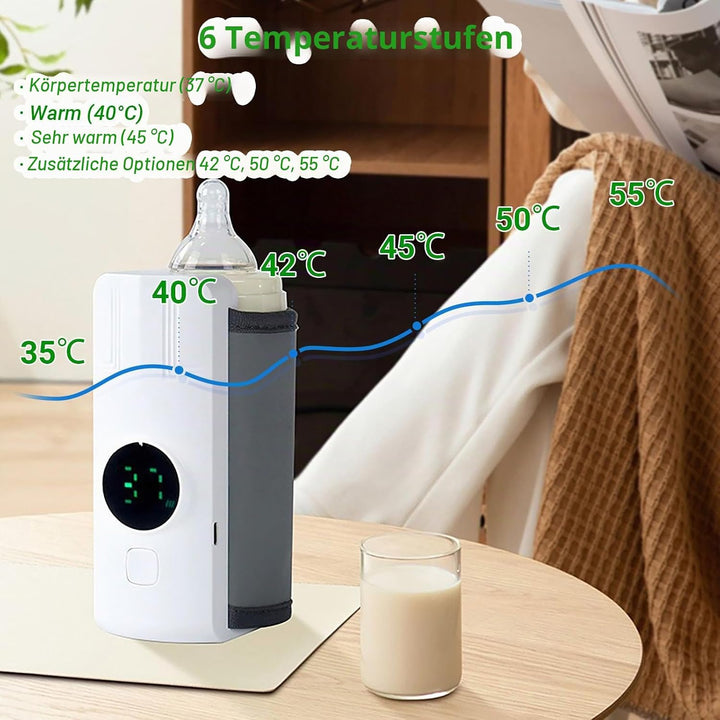 Flaschenwärmer Baby – Tragbarer Babyflaschen-Wärmer Unterwegs, 6000mAh Akku, 6 Temperaturstufen, LCD