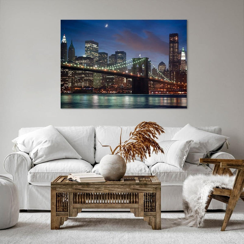 Bilder auf Leinwand 100x70cm Leinwandbild Brooklyn brücke nacht new york city Gross Wanddeko Bild Sc