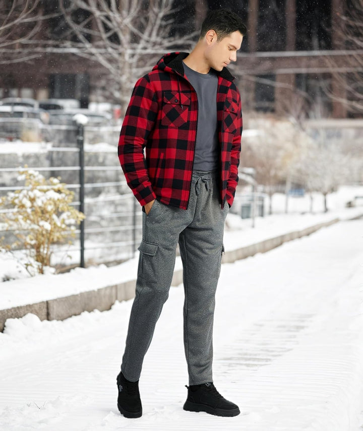 JACKETOWN Herren Fleecejacke Flanell Hemdjacke mit Kapuze Übergangsjacke Warm Gefüttert Kariertes Ho