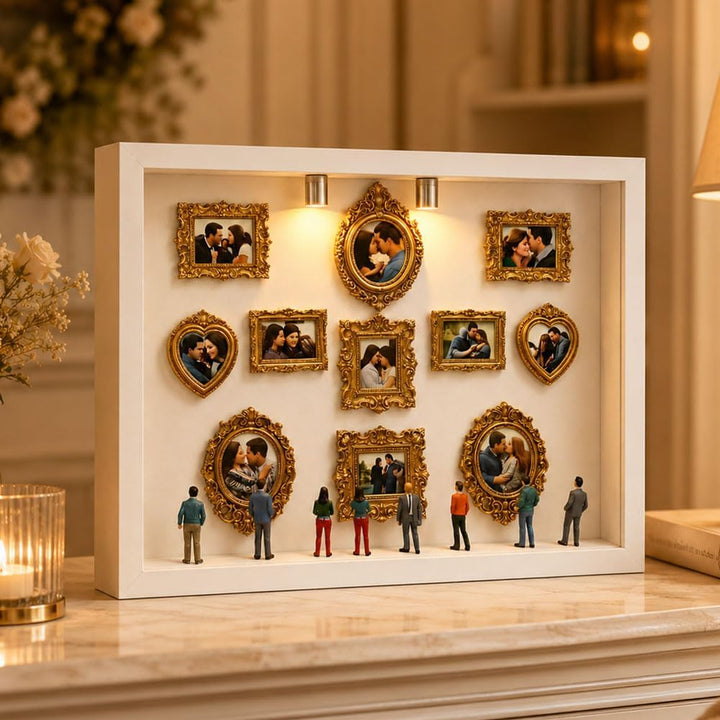 Mini Museum Bilderrahmen, Bilderrahmen Museum mit 11 Goldene Rahmen Vintage und LED Licht, Mini Figu