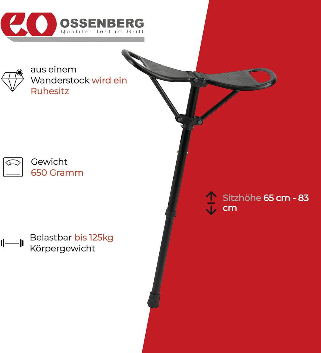 Ossenberg Sitzstock mit Kunststoff-Flügelsitz - Gehstock mit ausklappbarem Sitz - Stehhocker höhenve
