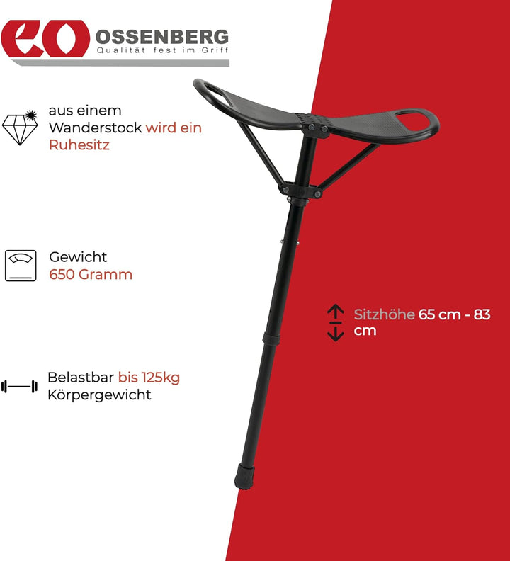 Ossenberg Sitzstock mit Kunststoff-Flügelsitz - Gehstock mit ausklappbarem Sitz - Stehhocker höhenve