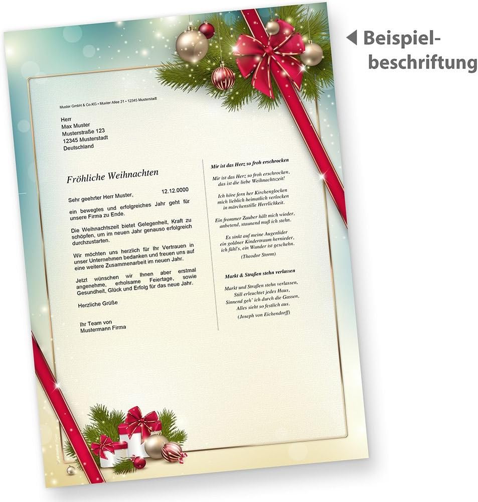 Briefpapier Weihnachten Set ROTE SCHLEIFE (25 Sets ohne Fenster) Weihnachtsbriefpapier mit Umschlag,
