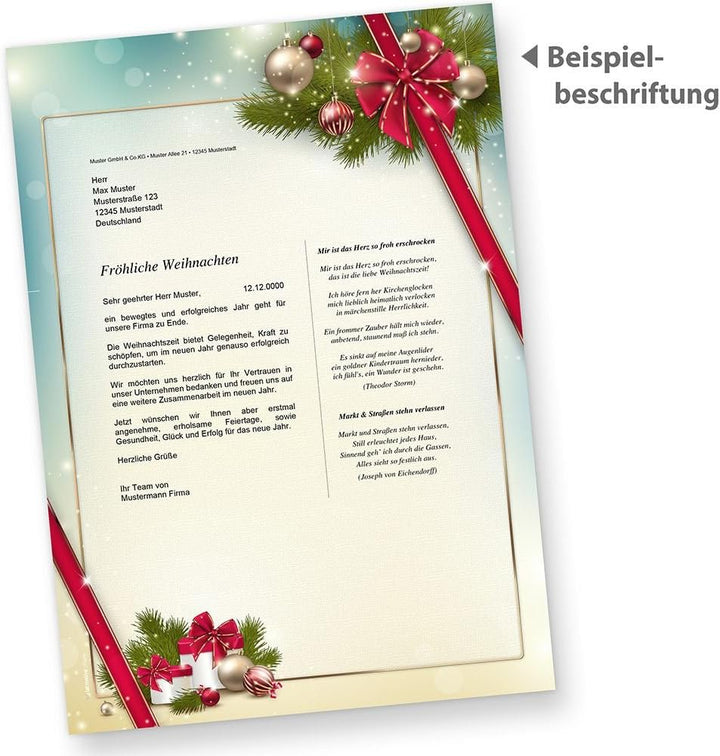 Briefpapier Weihnachten Set ROTE SCHLEIFE (25 Sets ohne Fenster) Weihnachtsbriefpapier mit Umschlag,