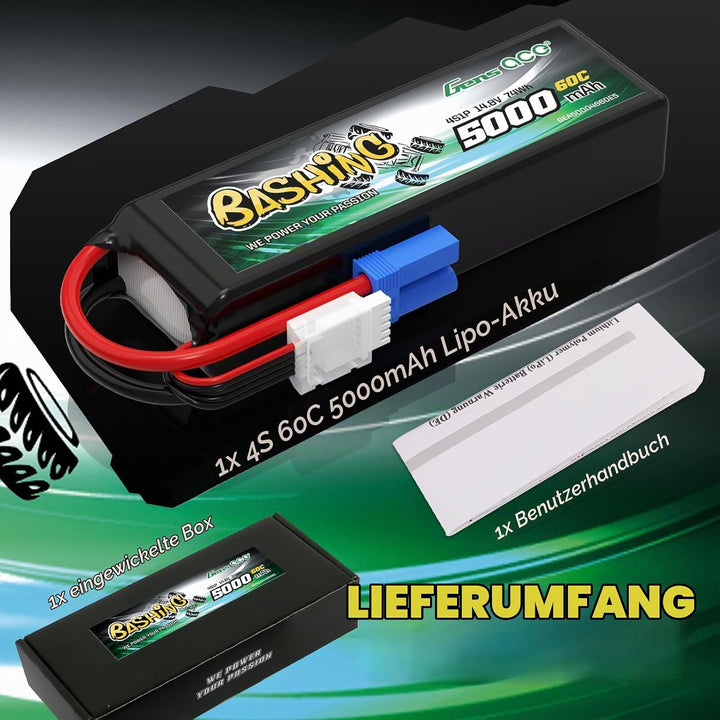 Gens Ace 4S LiPo Akku 5000mAh 14.8V 60C mit EC5 Steck Bashing Batterie für RC Auto, RC Flugzeug, RC