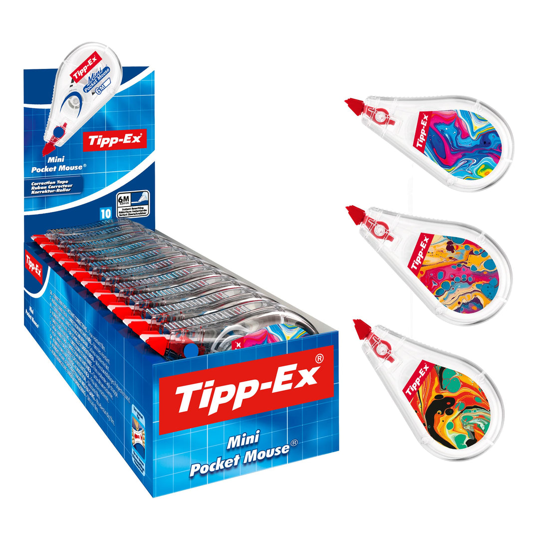 Tipp-Ex Korrekturroller Mini Pocket Mouse, 6m x 5mm, 10er Pack, Bedrucktes Design, Ideal für das Bür