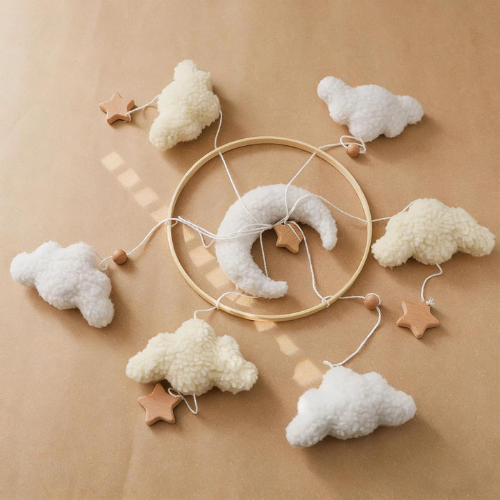 3D Wolken Mond Sterne Mobiles Baby, Babybett Mobile Hölz Windspiele Baby Mobile Wickeltisch Anhänger