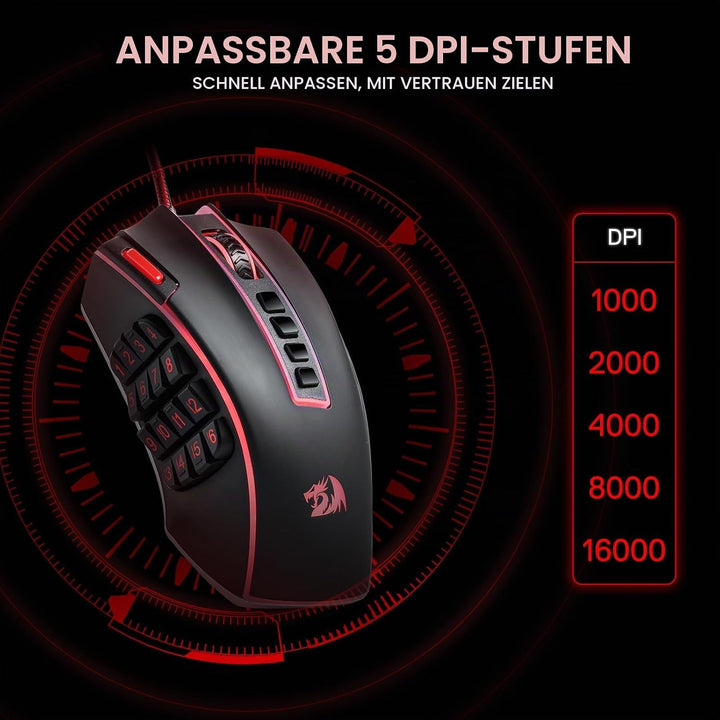 Redragon M990 MMO Gaming Maus, 32000 DPI Hochpräzise kabelgebundene RGB Maus mit 23 programmierbaren