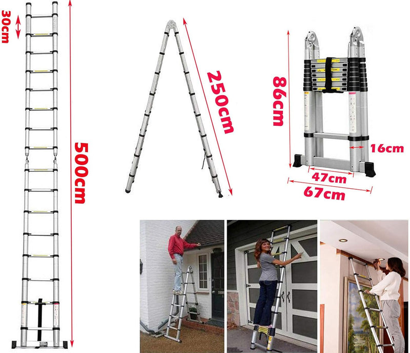 5M Teleskopleiter ausziehbare Leiter Aluleiter Ausziehleiter Anlegeleiter 16 Sprossen Mehrzweckleite