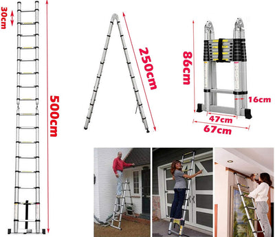 5M Teleskopleiter Alu Leiter Ausziehbare Klappleiter 2.5M + 2.5M Teleskop Leiter mit Stabilisator, H