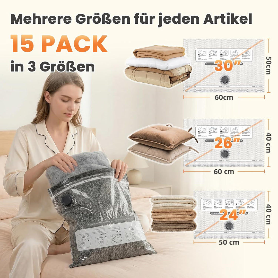 15 Vakuumbeutel für Kleidung für Reisen mit Kabellose vakuumpumpe 6KPa | AURYAO 40*50/40*60/50*60 cm