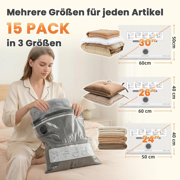 15 Vakuumbeutel für Kleidung für Reisen mit Kabellose vakuumpumpe 6KPa | AURYAO 40*50/40*60/50*60 cm